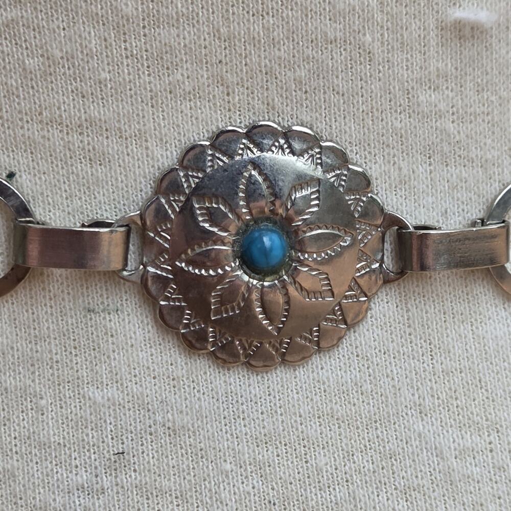 Vintage Silver Tone Floral Concho Chain Belt | Turquoise Western Boho Small - Picture 3 of 6